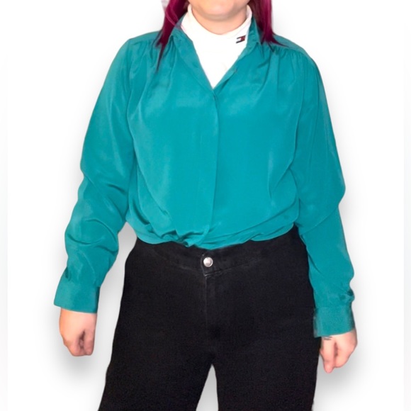 Teal Vintage Silky Button Down Blouse Shirt - Picture 2 of 7